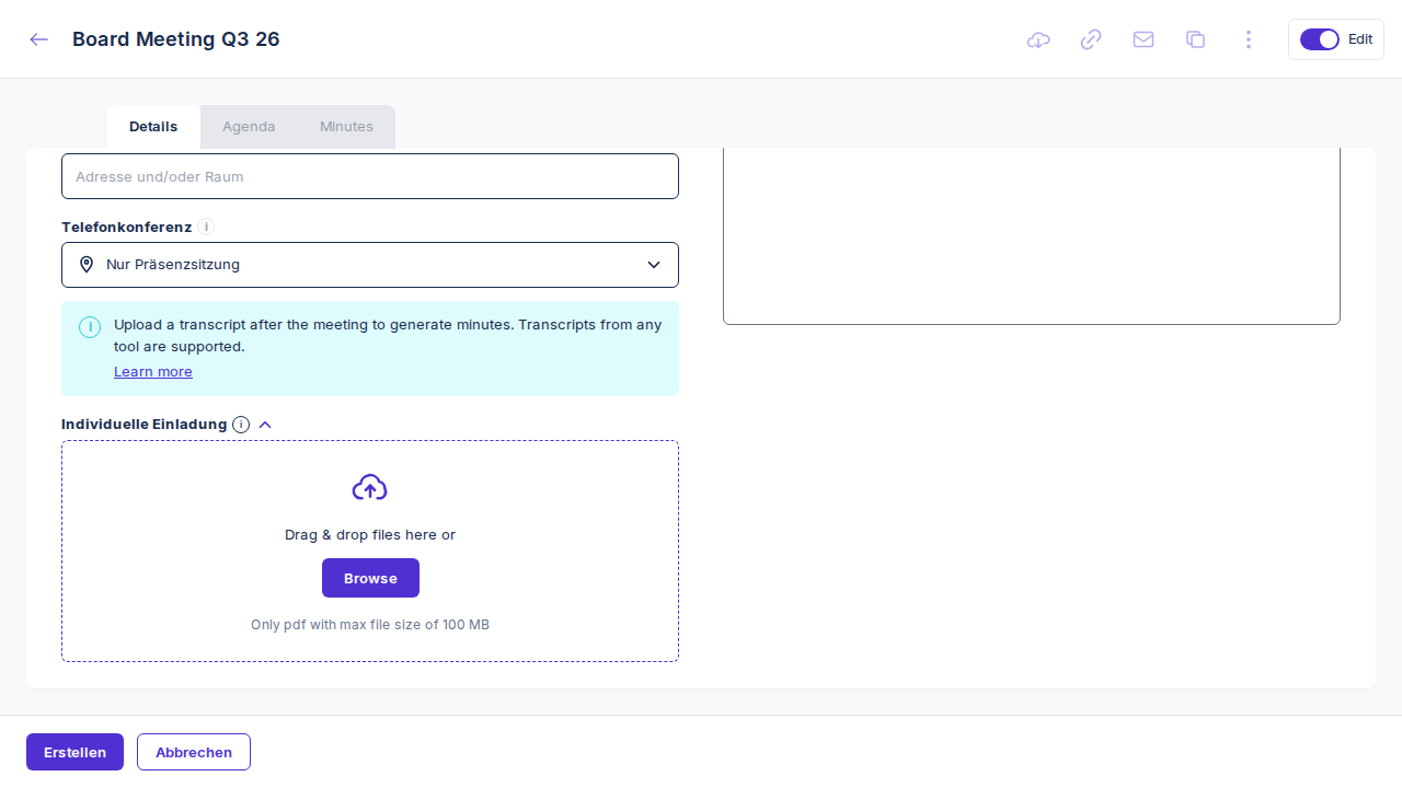 Details-Formular gescrollt zur Individuellen Einladung