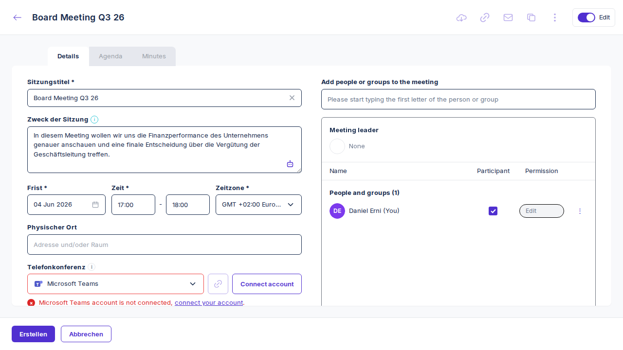 Details mit Microsoft Teams und Hinweis nicht verbunden