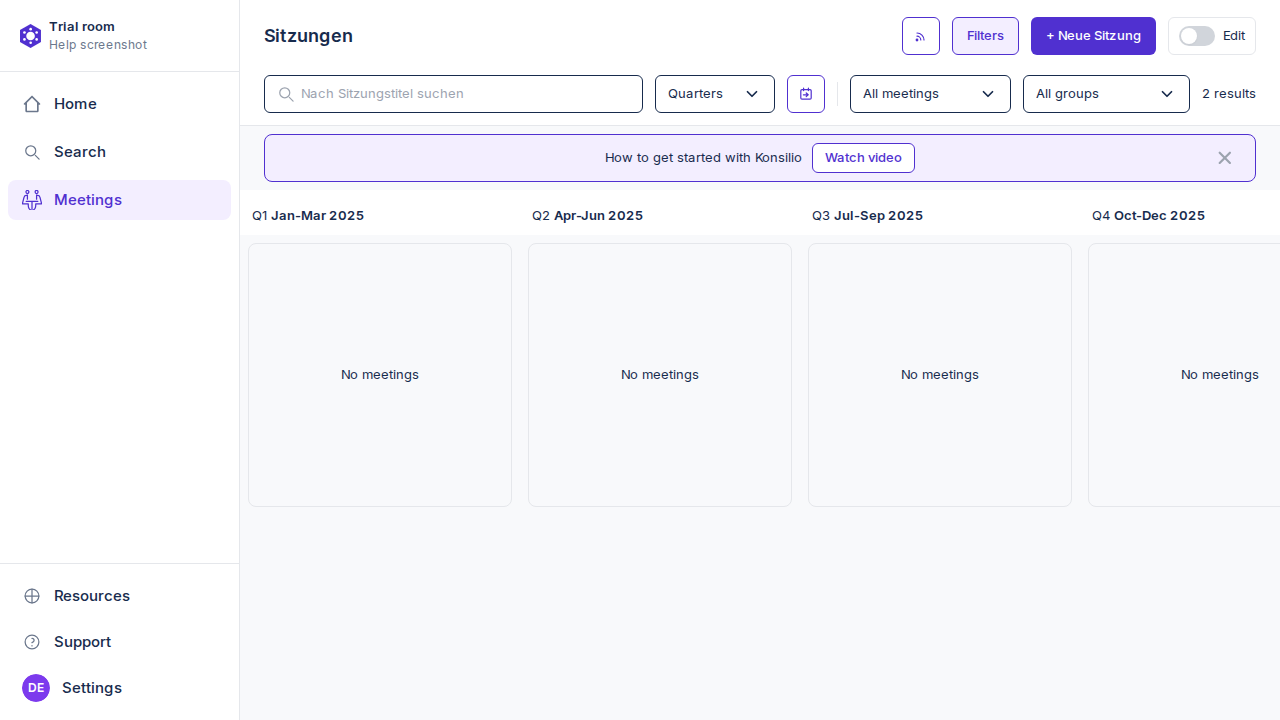 Sitzungsliste mit Filter und + Neue Sitzung