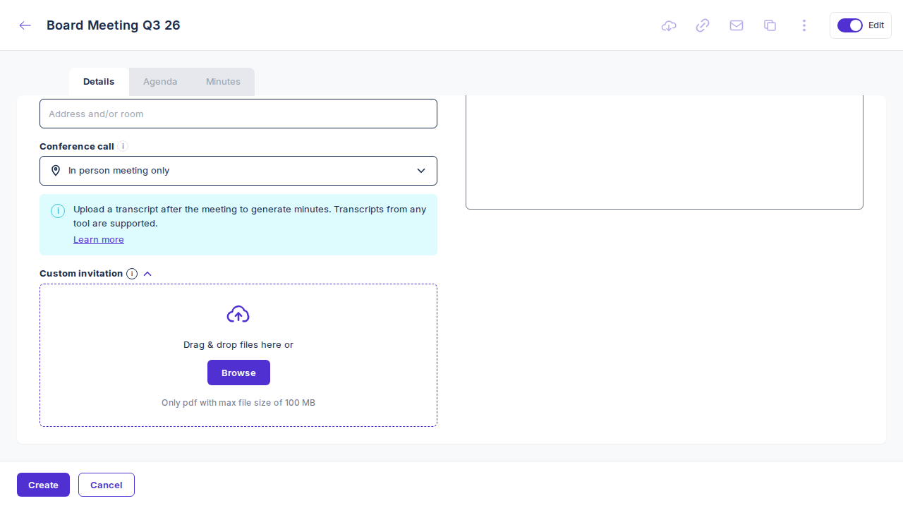 Details form scrolled to show Custom invitation under Conference call
