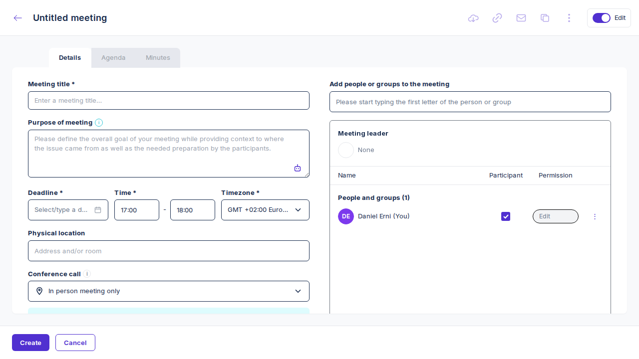 Empty create-meeting Details form with Meeting title, Purpose of meeting, Deadline, Time, and Timezone