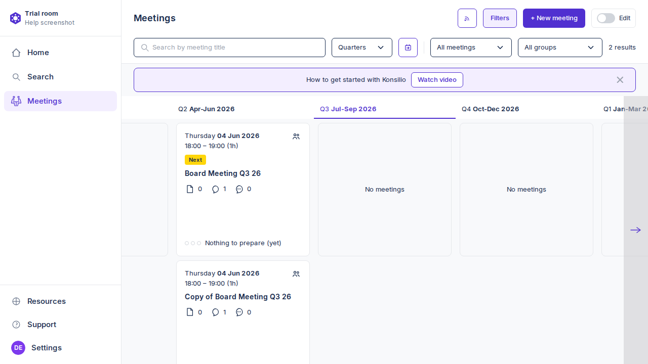 Meetings list with Filters and + New meeting