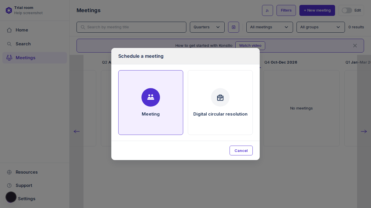 Schedule a meeting modal with Meeting and Digital circular resolution cards